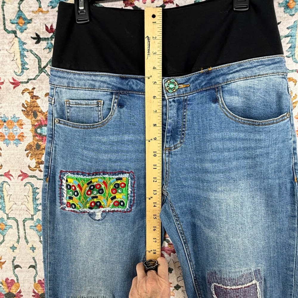 Desigual Maternity Jeans Light Wash Embroidered Patchwork Mirror Detail Boho - Picture 9 of 15